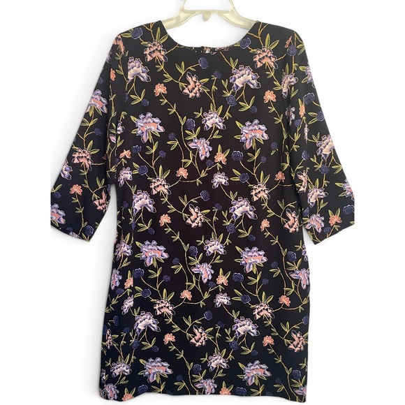 H&M Dresses & Skirts - H&M Dark Floral Shift Dress 3/4 Sleeve Size 12 Lined Pockets Black Blue Retro